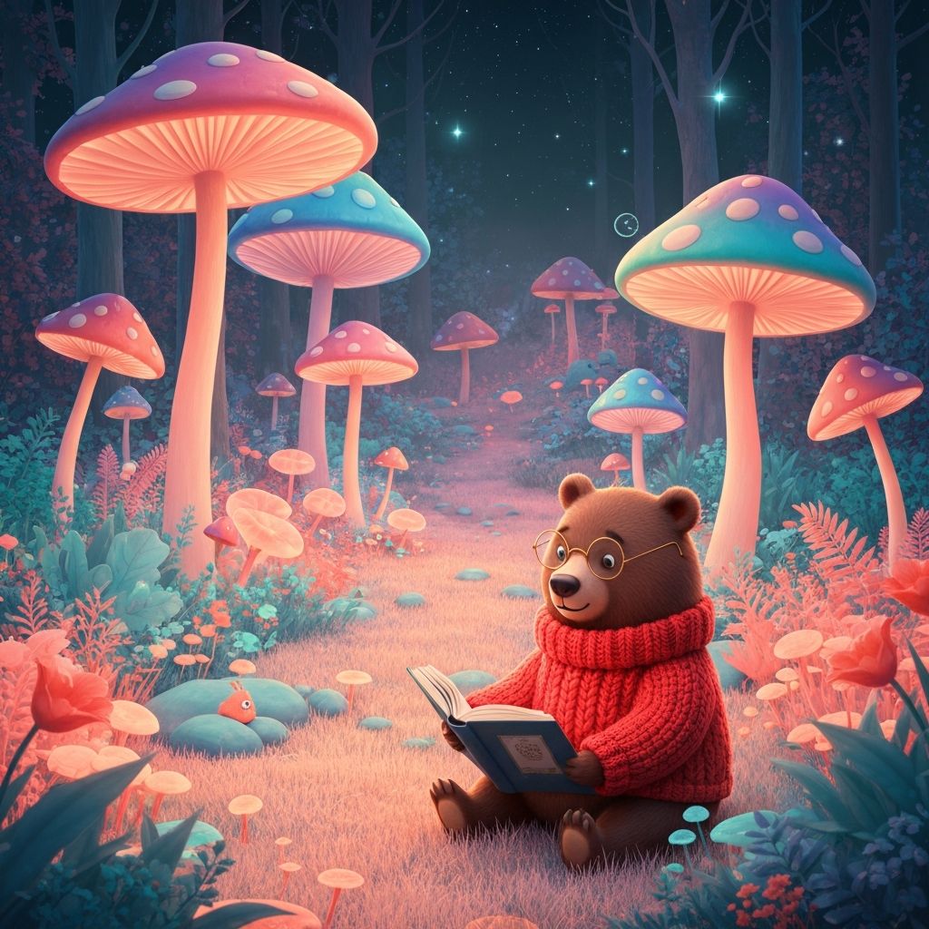 A friendly bear surrounded by magical floating books